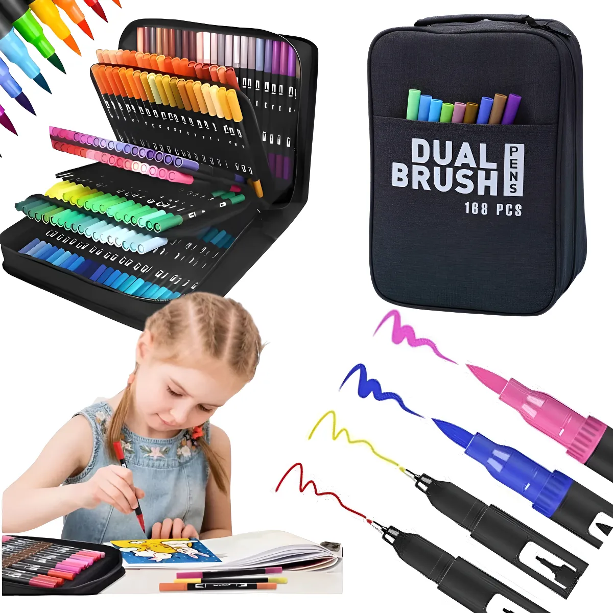 Kit de Marcadores de Artistica * Dual Brush x 168 Unidades + Estuche de Tela * Premium ( Punta Pincel + Microfibra )