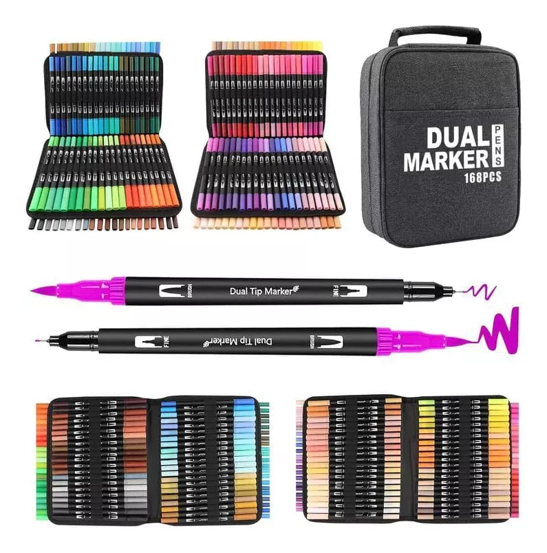 Kit de Marcadores de Artistica * Dual Brush x 168 Unidades + Estuche de Tela * Premium ( Punta Pincel + Microfibra )