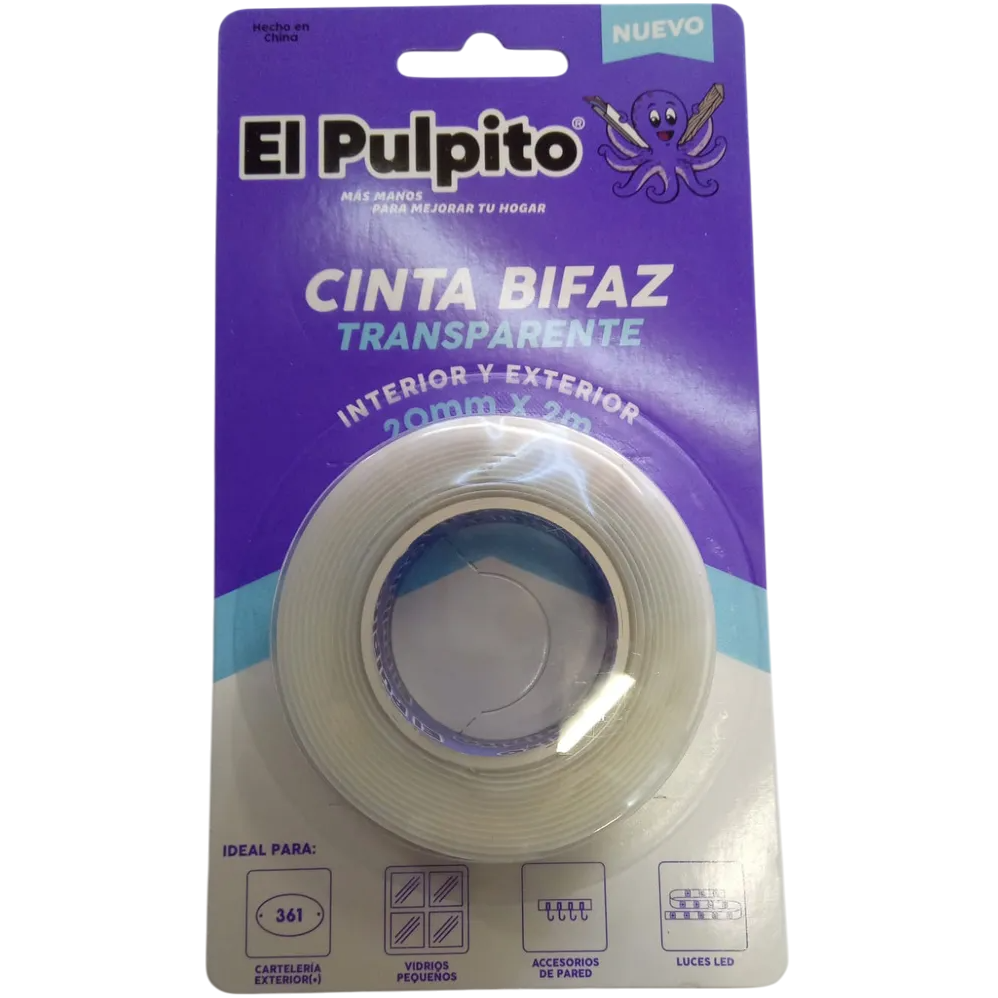 Cintas Bifaz - PULPITO TRANSPARENTE - USO EXTERIOR E INTERIOR 20mm x 2 mts Doble Faz (REFORZADA) HEAVY DUTY