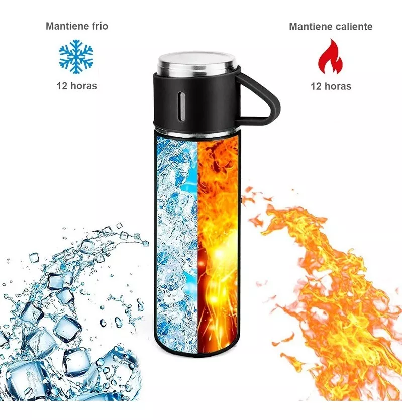 SET x 4 PIEZAS * CAMPING  NEGRO* TERMO 500 ML + TAZAS ACERO 18 / 8 (DOBLE CAPA) 12 HS - Frio y Calor -