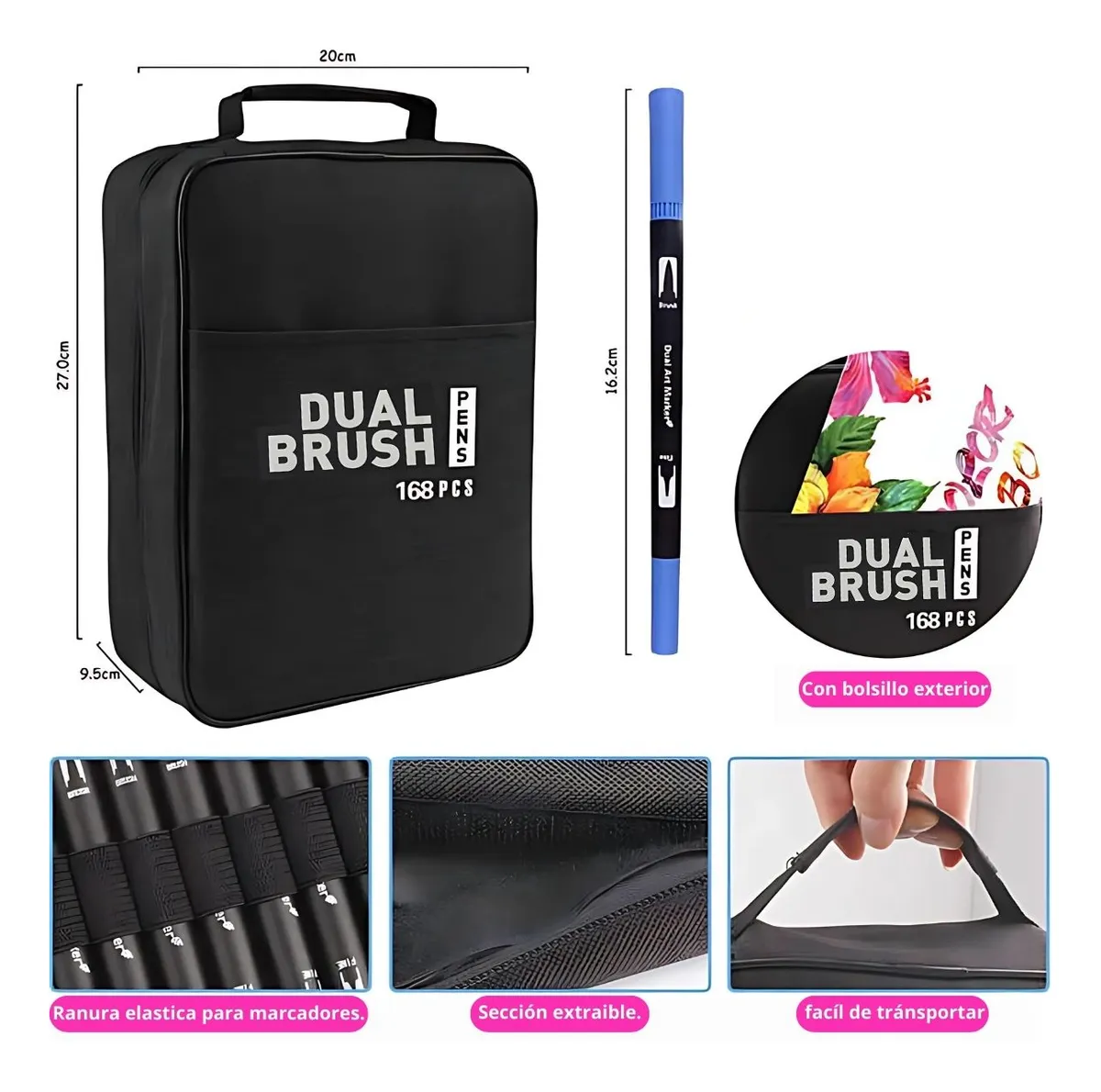 Kit de Marcadores de Artistica * Dual Brush x 168 Unidades + Estuche de Tela * Premium ( Punta Pincel + Microfibra )
