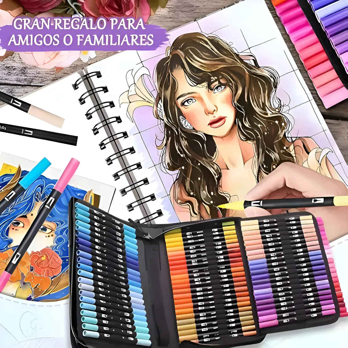 Kit de Marcadores de Artistica * Dual Brush x 168 Unidades + Estuche de Tela * Premium ( Punta Pincel + Microfibra )