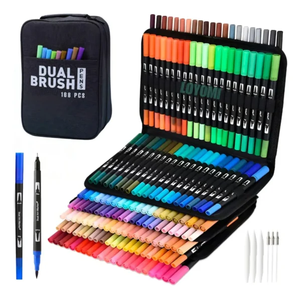 Kit de Marcadores de Artistica * Dual Brush x 168 Unidades + Estuche de Tela * Premium ( Punta Pincel + Microfibra )
