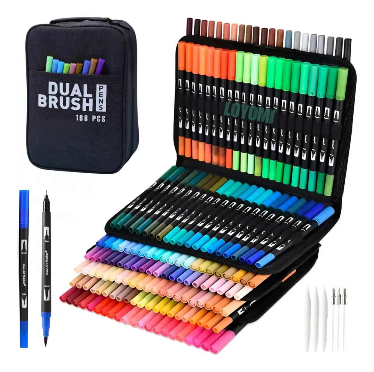 Kit de Marcadores de Artistica * Dual Brush x 168 Unidades + Estuche de Tela * Premium ( Punta Pincel + Microfibra )