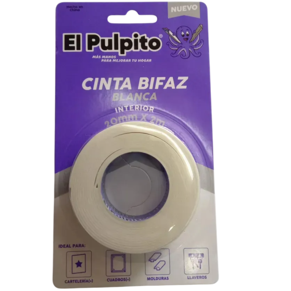 Cintas Bifaz - PULPITO BLANCA - INTERIOR 20mm x 2 mts Doble Faz (REFORZADA) HEAVY DUTY