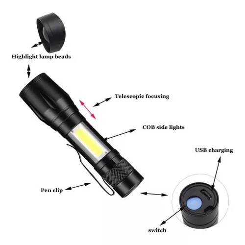 Linterna de Metal *NEGRA* + Estuche Rigido Protector - Recargable Con Zoom Led -2 en 1-