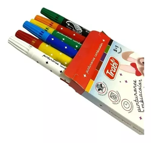 FIBRAS TRABI CAMBIA COLOR X 6 PUNTA CONICA - GRUESO - (5 Marcadores + 1 Cambia color)