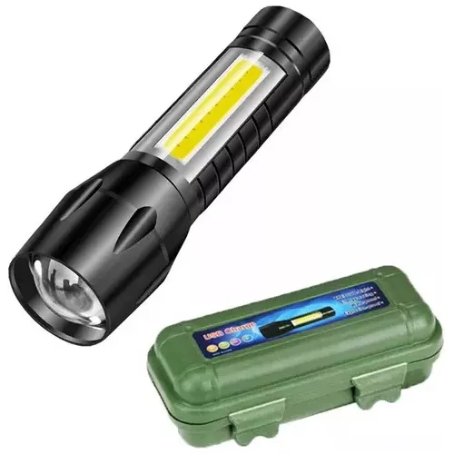 Linterna de Metal *NEGRA* + Estuche Rigido Protector - Recargable Con Zoom Led -2 en 1-
