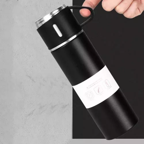 SET x 4 PIEZAS * CAMPING  NEGRO* TERMO 500 ML + TAZAS ACERO 18 / 8 (DOBLE CAPA) 12 HS - Frio y Calor -