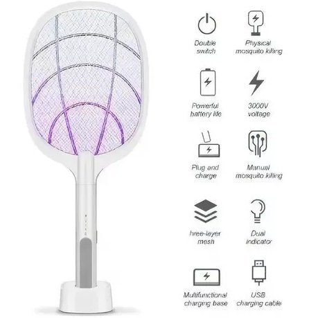 Raqueta Mata Mosquitos / Moscas * Con Base * Recargable (Con Luz Ultra Violeta) UV -AUTOMATICO-
