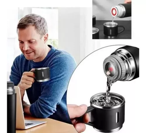 SET x 4 PIEZAS * CAMPING  NEGRO* TERMO 500 ML + TAZAS ACERO 18 / 8 (DOBLE CAPA) 12 HS - Frio y Calor -