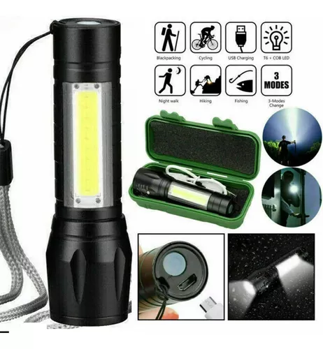 Linterna de Metal *NEGRA* + Estuche Rigido Protector - Recargable Con Zoom Led -2 en 1-