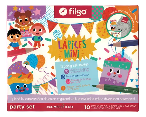 Party Set Filgo * Cumpleaños con Lápices Mini * -Para 10 invitados - (Incluye 10 Cajitas de Lapices x 6 + 10 Bolsitas para colorear+ 10 Tarjetitas + 10 Sticker Cierra bolsa