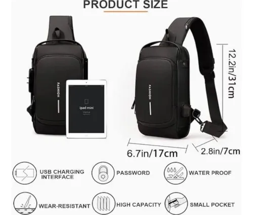 Pechera Cruzada de Seguridad * Negro Combinado Antirrobo * Reforzada + USB + Candado de combinación