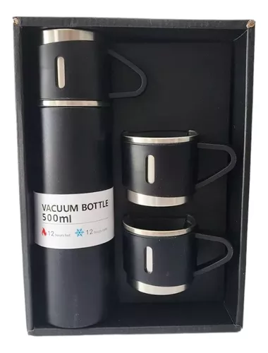 SET x 4 PIEZAS * CAMPING  NEGRO* TERMO 500 ML + TAZAS ACERO 18 / 8 (DOBLE CAPA) 12 HS - Frio y Calor -