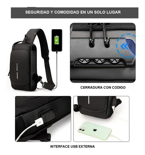 Pechera Cruzada de Seguridad * Gris Combinado Antirrobo * Reforzada + USB + Candado de combinación
