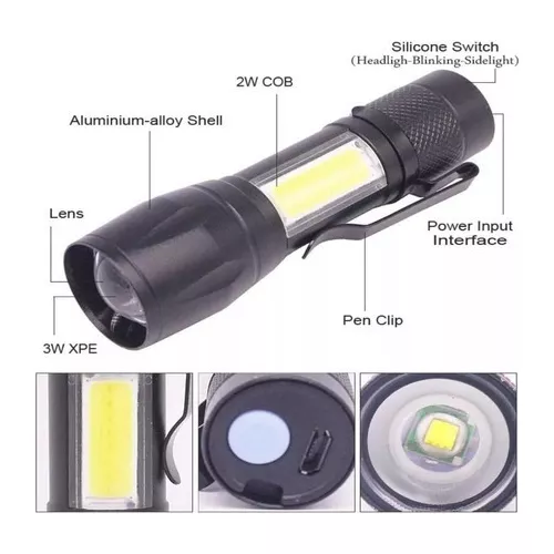 Linterna de Metal *NEGRA* + Estuche Rigido Protector - Recargable Con Zoom Led -2 en 1-