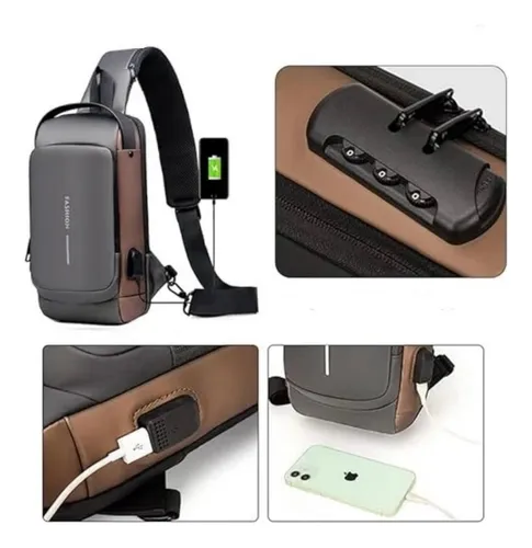 Pechera Cruzada de Seguridad * Gris Combinado Antirrobo * Reforzada + USB + Candado de combinación