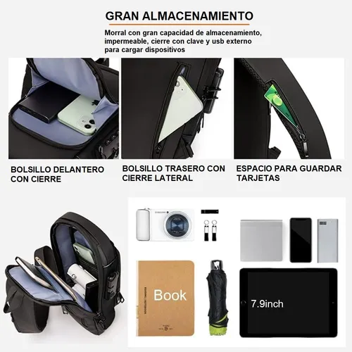 Pechera Cruzada de Seguridad * Negra Antirrobo * Reforzada + USB + Candado de combinación