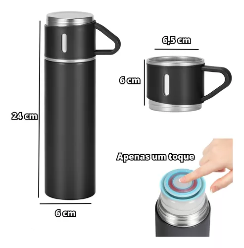 SET x 4 PIEZAS * CAMPING  NEGRO* TERMO 500 ML + TAZAS ACERO 18 / 8 (DOBLE CAPA) 12 HS - Frio y Calor -