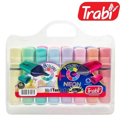 Valija Nuevos Resaltadores Trabi x 16 unidades Pastel + Flúo + Tachador