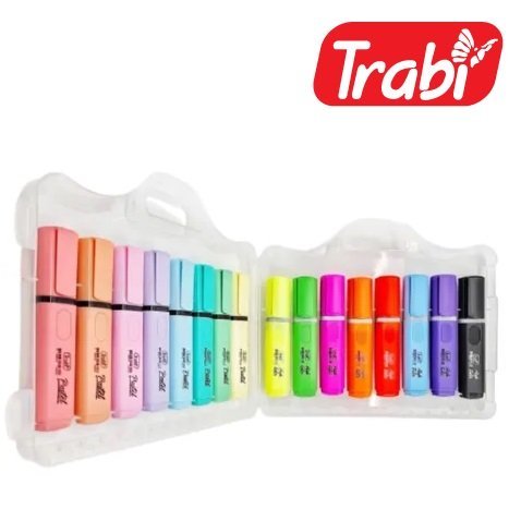 Valija Nuevos Resaltadores Trabi x 16 unidades Pastel + Flúo + Tachador