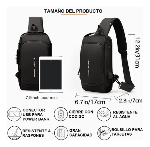 Pechera Cruzada de Seguridad * Negra Antirrobo * Reforzada + USB + Candado de combinación