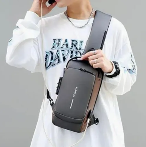 Pechera Cruzada de Seguridad * Gris Combinado Antirrobo * Reforzada + USB + Candado de combinación