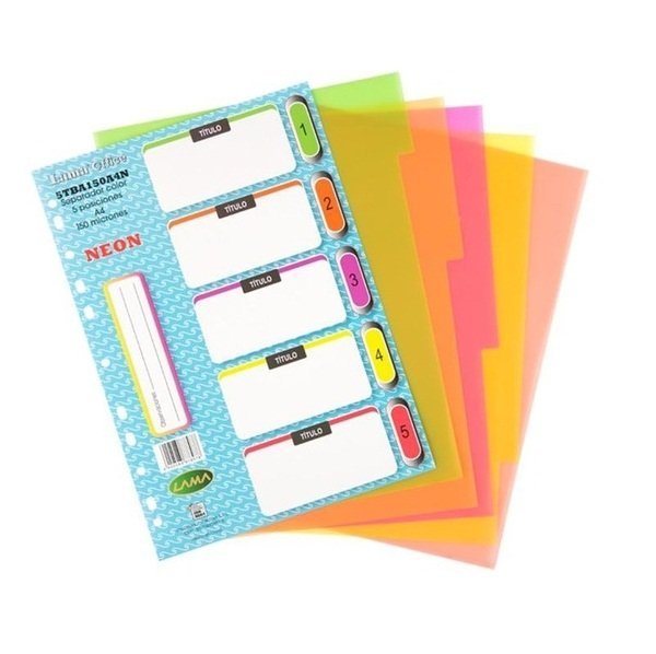 Separadores de Materias LAMA " NEÓN " Tamaño A4 x 5 unidades (Plastico)