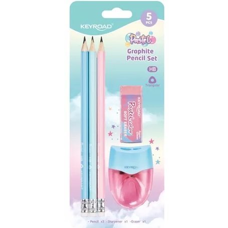 Kit Keyroad x 5 * PASTEL * 3 Lapiz Negro HB c/ borrador + Borrador + Sacapuntas Doble C/ Deposito