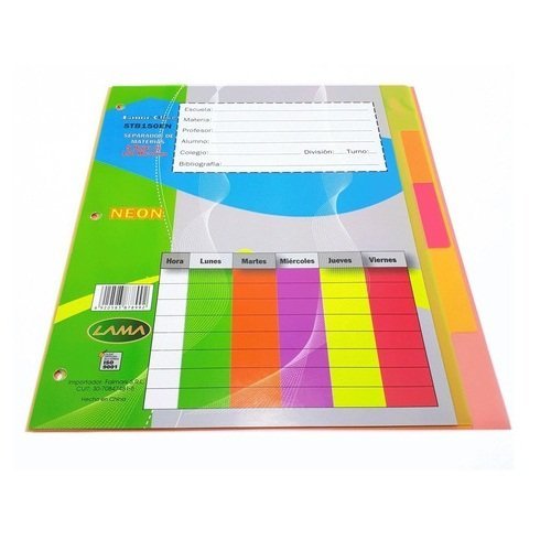 Separadores de Materias LAMA " NEÓN " Tamaño Escolar x 5 unidades (Plastico)