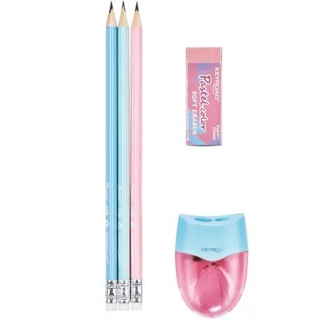 Kit Keyroad x 5 * PASTEL * 3 Lapiz Negro HB c/ borrador + Borrador + Sacapuntas Doble C/ Deposito