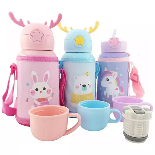 BOTELLA / TERMO INFANTIL * CONEJITO * C/ FUNDA 2 EN 1 ---> TAPA DE TERMO + PICO TIPO SORBETE 500ML ACERO INOXIDABLE