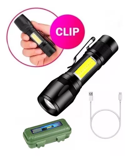 Linterna de Metal *NEGRA* + Estuche Rigido Protector - Recargable Con Zoom Led -2 en 1-