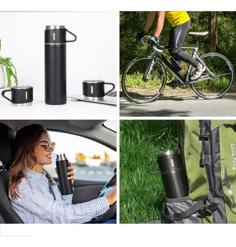 SET x 4 PIEZAS * CAMPING  NEGRO* TERMO 500 ML + TAZAS ACERO 18 / 8 (DOBLE CAPA) 12 HS - Frio y Calor -