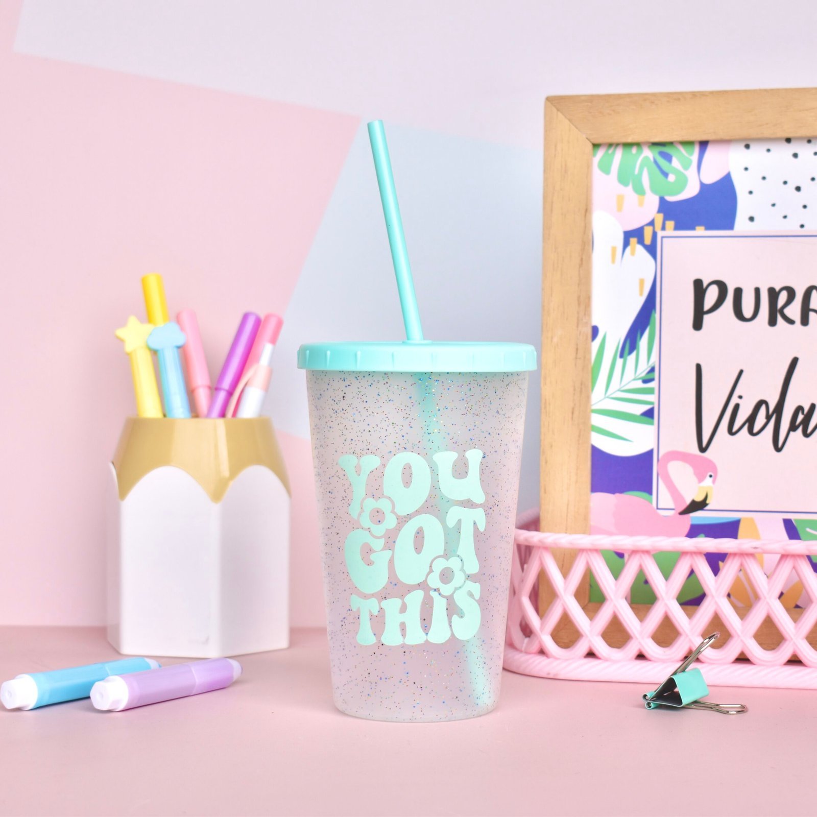 Vaso Glitter "You Got This" con Tapa y Sorbete 500cc (Verde Pastel)