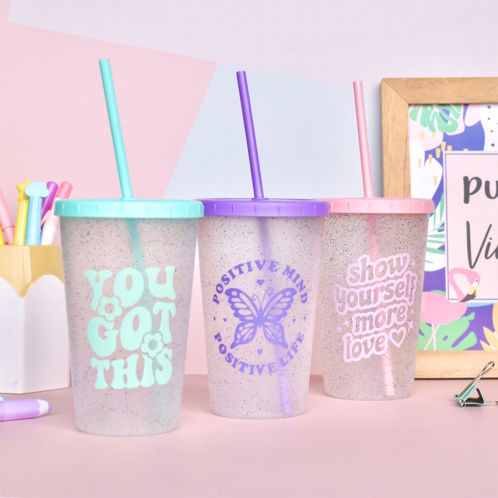 Vaso Glitter "You Got This" con Tapa y Sorbete 500cc (Verde Pastel)