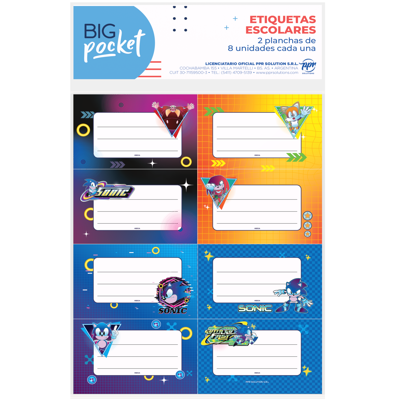 ROTULOS ESCOLARES PPR * SONIC * ETIQUETAS X 16 UNIDADES