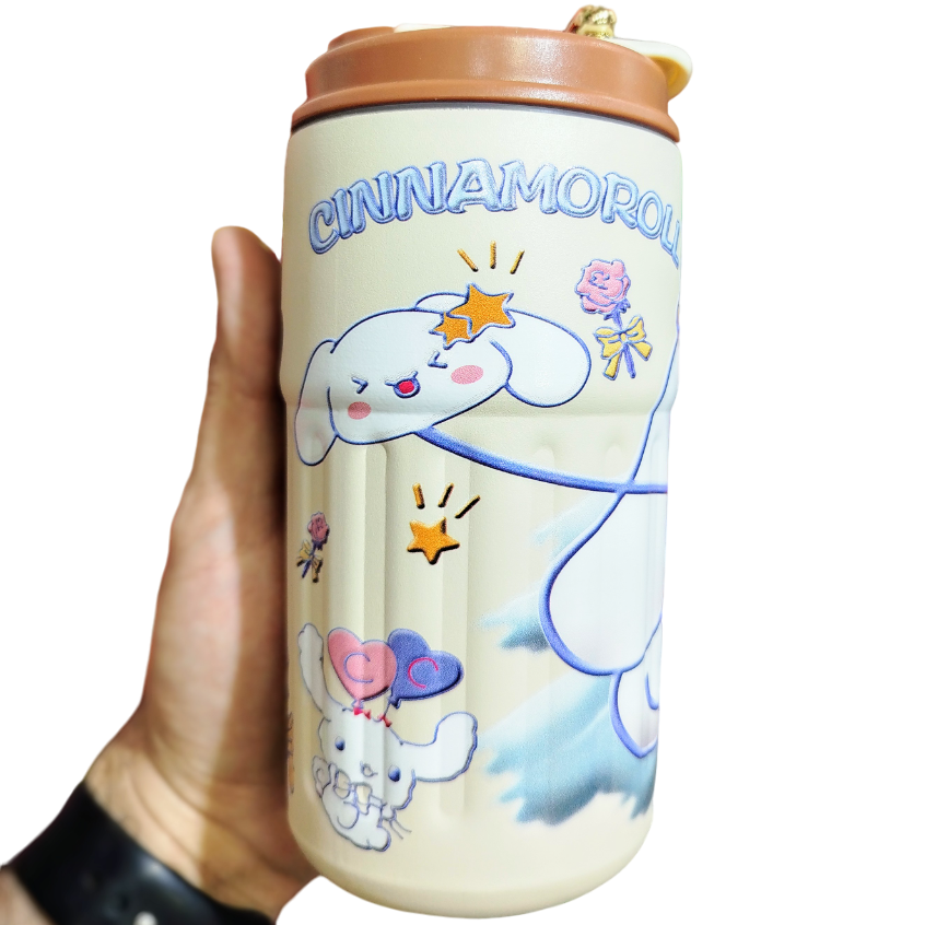 VASO TERMICO "CINNAMOROLL" PREMIUM 500 ML - ACERO INOXIDABLE (DOBLE CAPA) C/ Medidor de tmperatura TAPA ANTIVUELCO