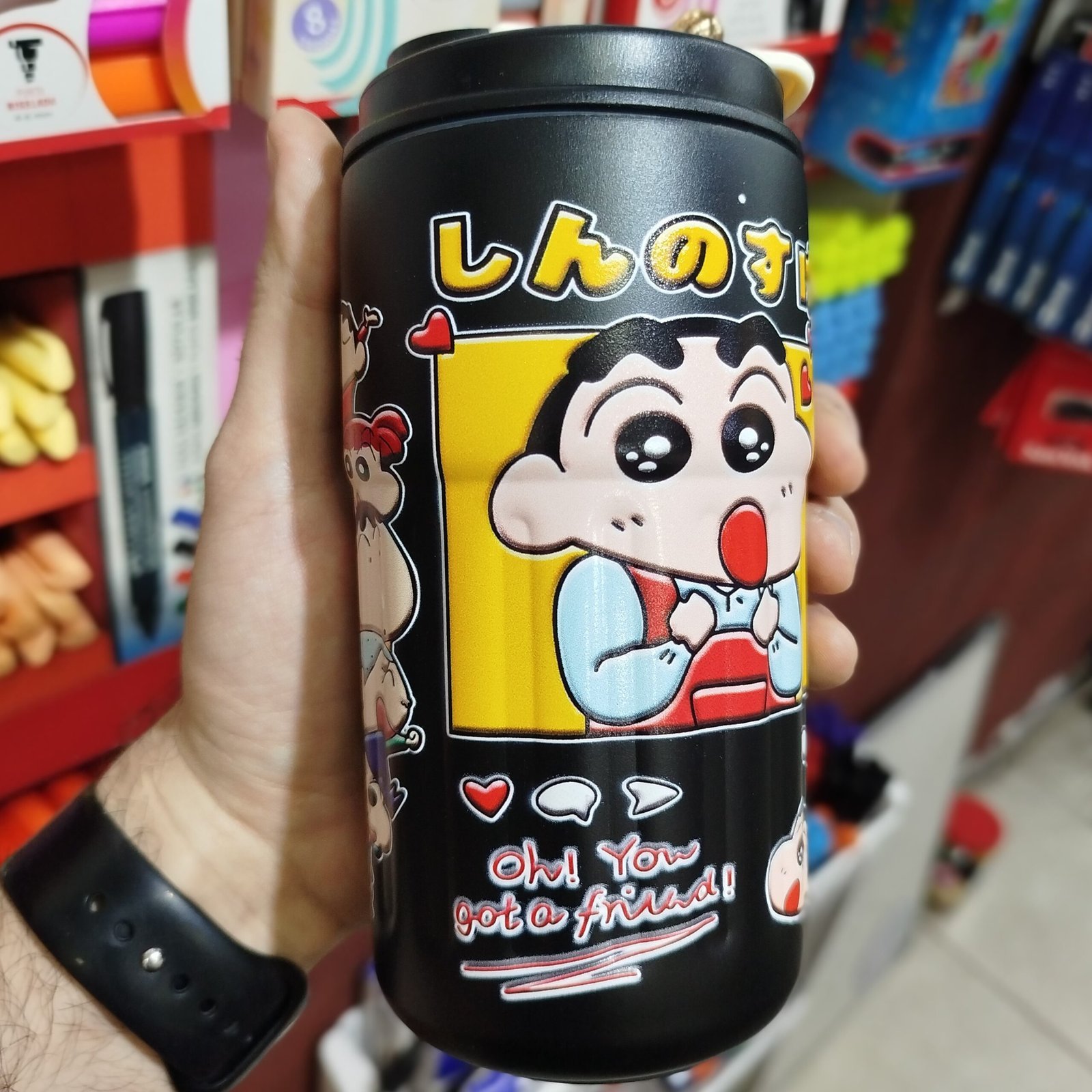 VASO TERMICO "NIÑO SHIN CHAN" PREMIUM 500 ML - ACERO INOXIDABLE (DOBLE CAPA) C/ Medidor de tmperatura TAPA ANTIVUELCO