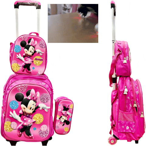 Set x 3 *MINNIE MOUSE* Mochila Con Carro + Lonchera Termica + Cartuchera -Ruedas con Luces- Escolar 3D