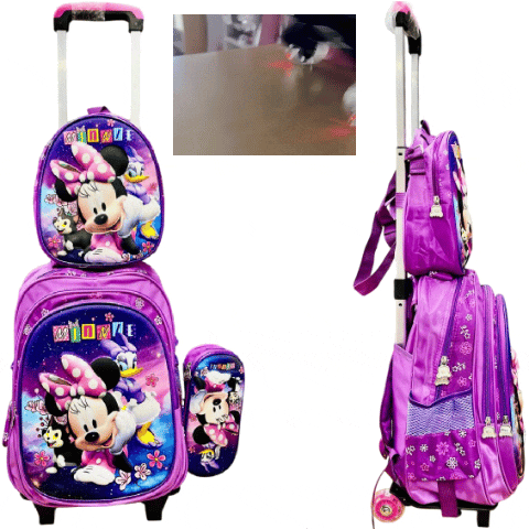 Set x 3 *MINNIE MOUSE* Mochila Con Carro + Lonchera Termica + Cartuchera -Ruedas con Luces- Escolar 3D