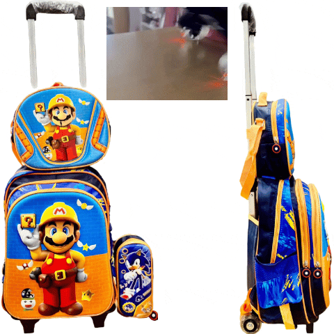 Set x 3 *MARIO BROSS* Mochila Con Carro + Lonchera Termica + Cartuchera (De Sonic) -Ruedas con Luces- Escolar 3D