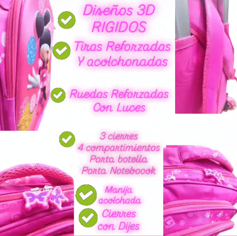 Set x 3 *UNICORNIOS* Mochila Con Carro + Lonchera Termica + Cartuchera -Ruedas con Luces- Escolar 3D