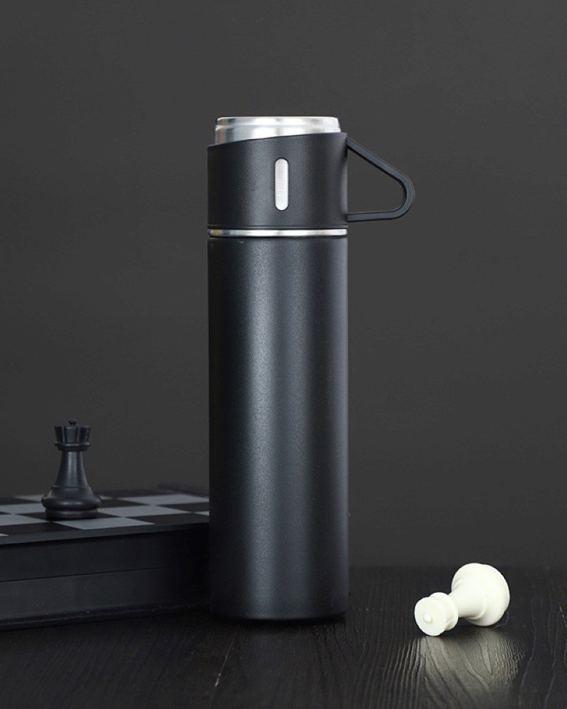 SET x 4 PIEZAS * CAMPING  NEGRO* TERMO 500 ML + TAZAS ACERO 18 / 8 (DOBLE CAPA) 12 HS - Frio y Calor -