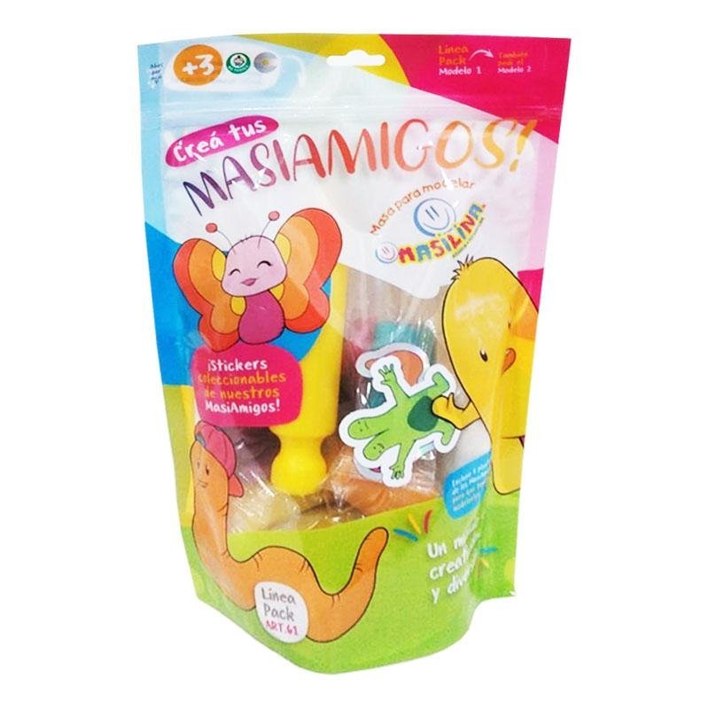 SET * MASIAMIGOS * MASAS x 10 unidades + 3 Plantillas Plastificadas + 1 Palito de amasar + 1 Estecas + 2 Stiickers MASILINA (Con Cierre ZIP)