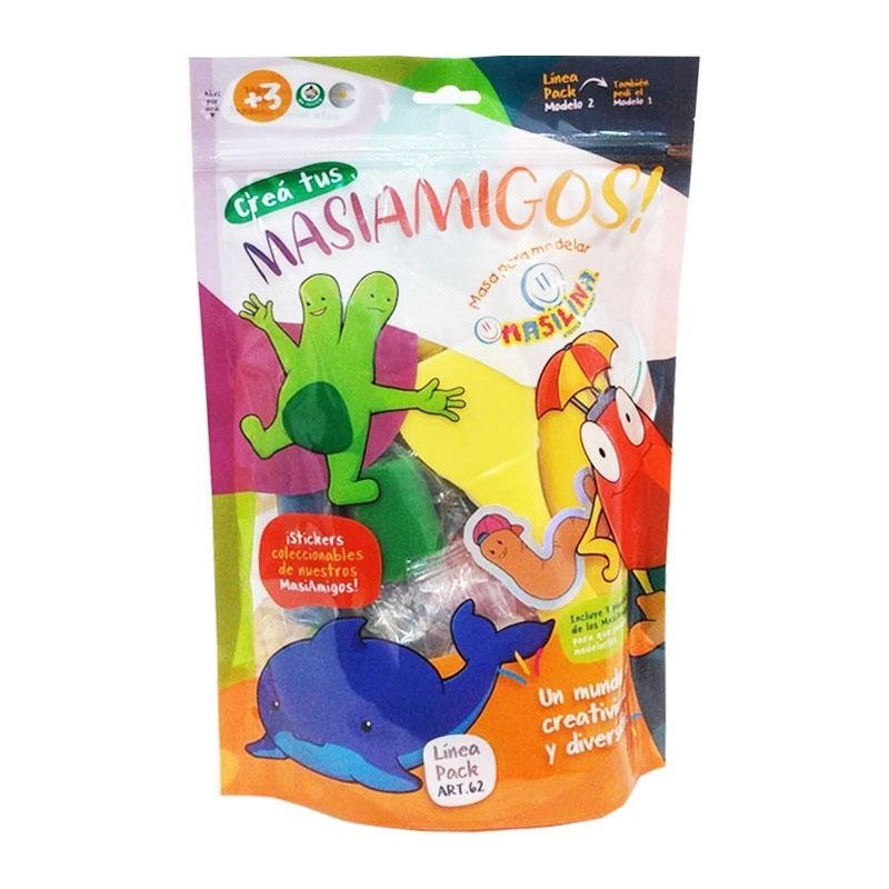 SET * MASIAMIGOS * MASAS x 10 unidades + 3 Plantillas Plastificadas + 1 Palito de amasar + 1 Estecas + 2 Stiickers MASILINA (Con Cierre ZIP)