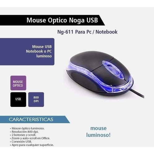 Mouse Luminoso Noga * Negro * (Con Cable USB)