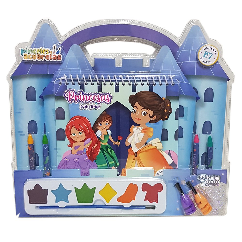 Maletin ** Princesas ** Kit Libro p/ Colorear + Crayones + Stiickers + Acuarelas + Pincel + 2 Pinceles p/ dedos