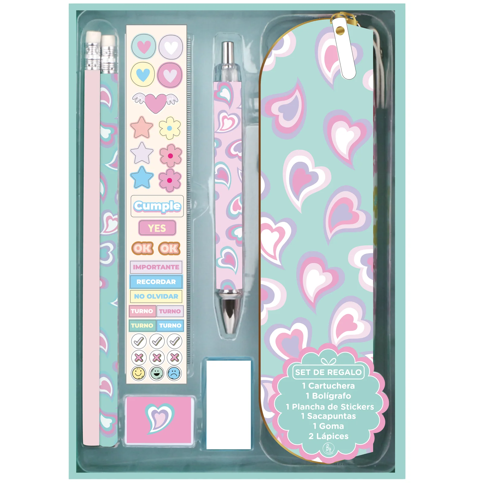 Set de regalo RY Colección STATIONERY * CORAZONES * PREMIUM Cartuchera + Acces0rios